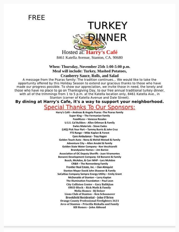 The free Thanksgiving turkey dinner flyer from Harry's Cafe, Katella Ave, Stanton, CA, listing every sponsor by name