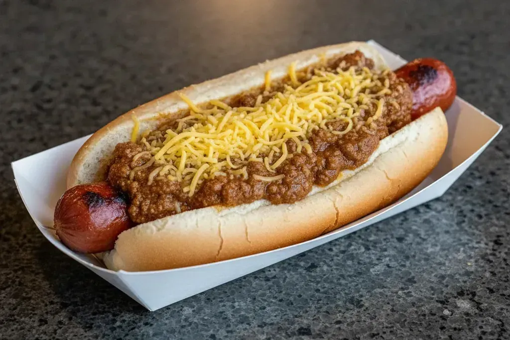 A chili cheese dog topped with chili and shredded cheddar at Harry's Cafe, Katella Ave, Stanton, CA