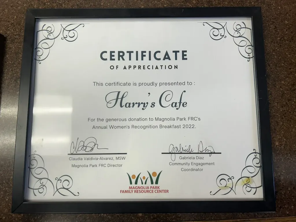 A certificate of appreciation from Magnolia Park Family Resource Center to Harry’s Cafe, Katella Ave, Stanton, CA