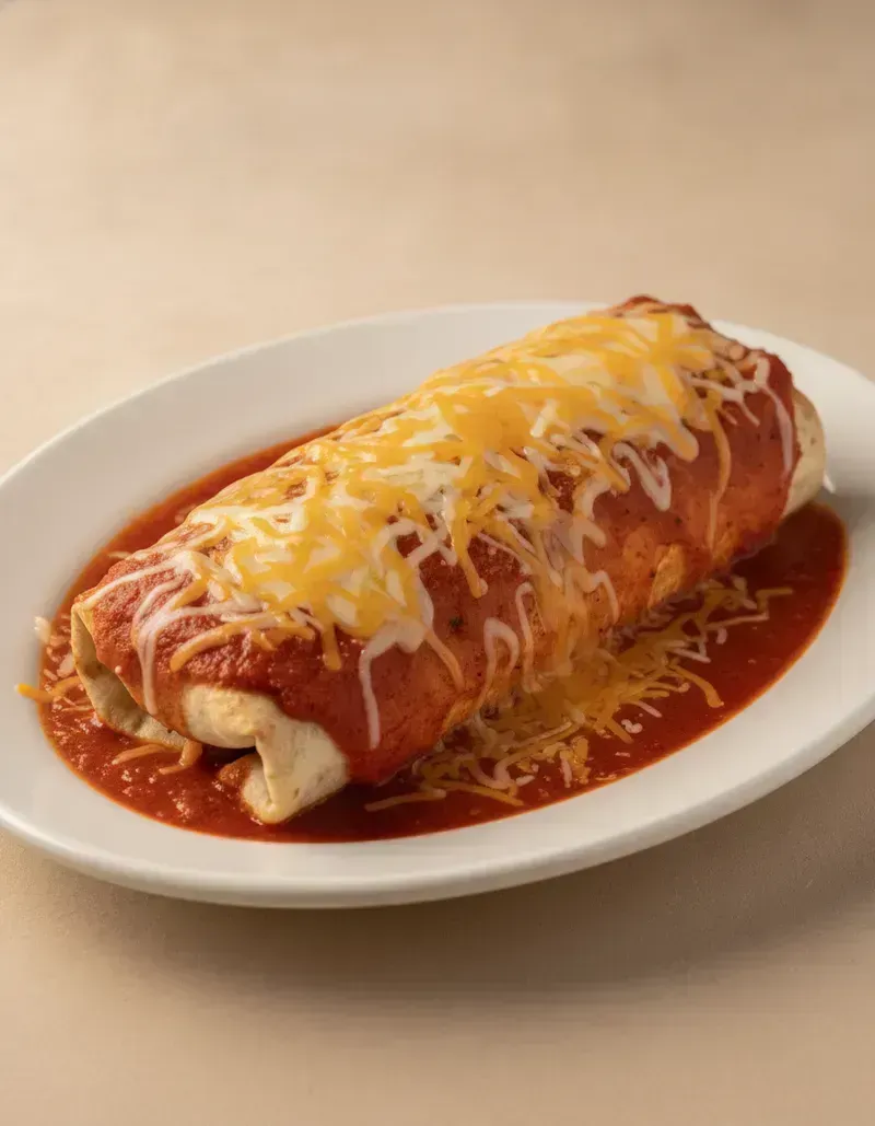 Harry’s Burrito covered in red sauce and melted cheese on a plate at Harry’s Cafe, Katella Ave, Stanton, CA.