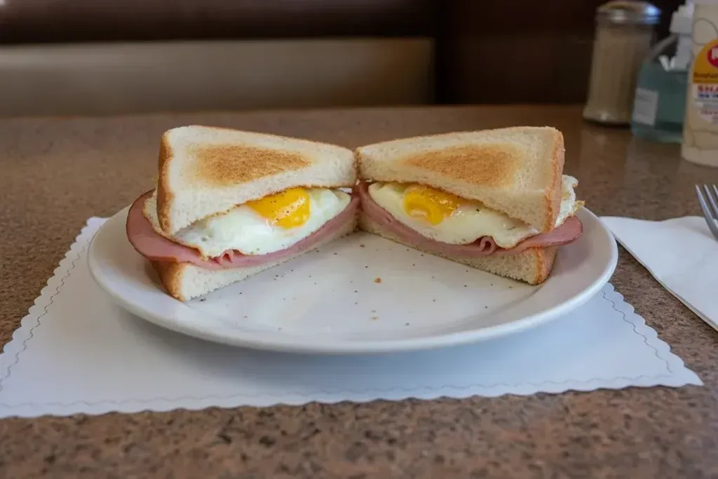 A ham and eggs breakfast sandwich on toasted bread from the breakfast sandwich menu at Harry’s Cafe, Katella Ave, Stanton, CA.