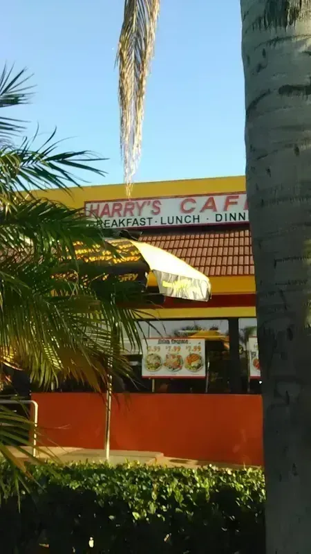 The Harry's Cafe sign seen through the palm trees on Katella Ave, Stanton, CA
