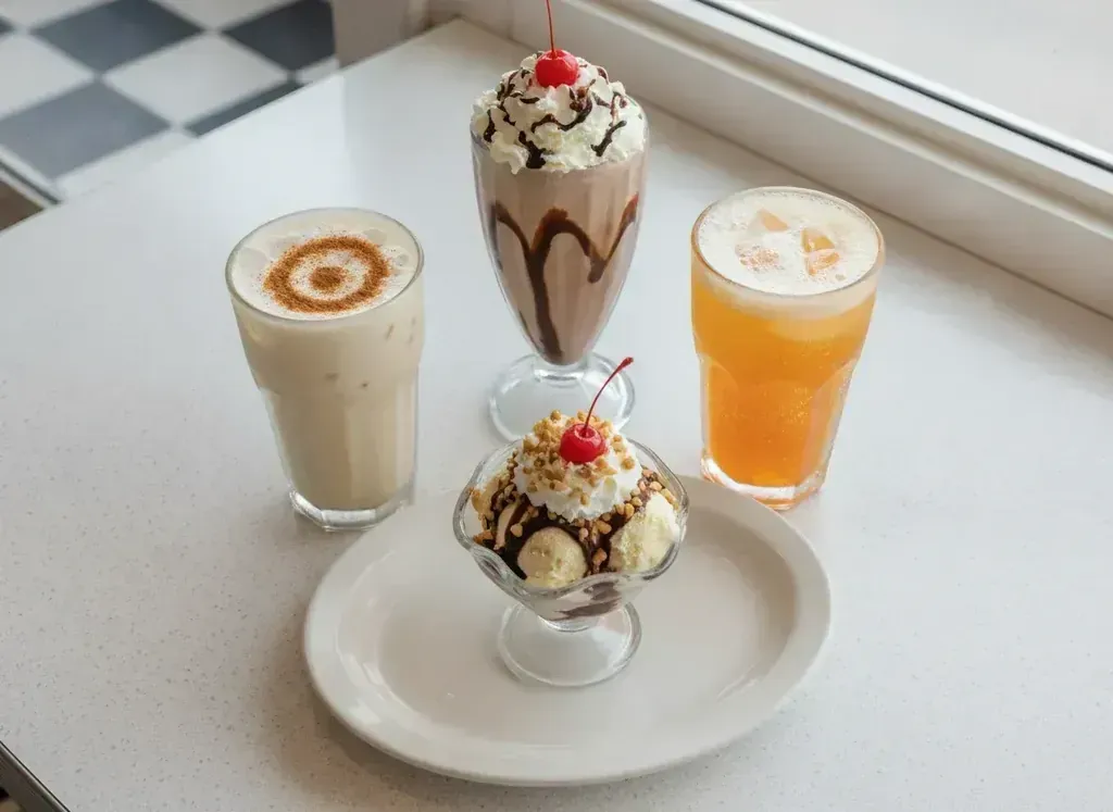 A milkshake and a hot fudge sundae sit beside an iced coffee on the beverages counter at Harry's Cafe, Katella Ave, Stanton, CA