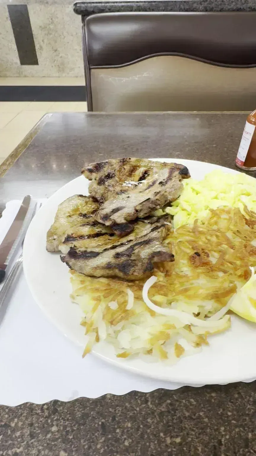 Grilled meat with scrambled eggs and hash browns at Harry's Cafe, Katella Ave, Stanton, CA