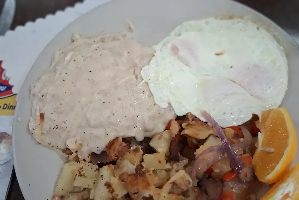 Biscuits and gravy with eggs and potatoes at Harry's Cafe, Katella Ave, Stanton, CA