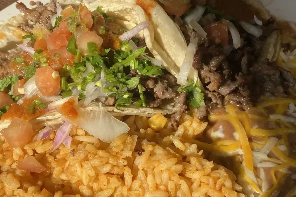 A carne asada plate with rice and beans on the lunch menu at Harry’s Cafe, Katella Ave, Stanton, CA.