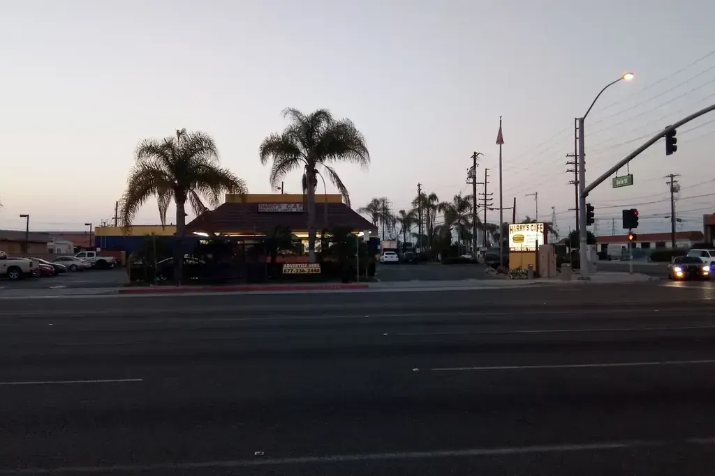 The Katella Ave storefront at dawn at Harry's Cafe, Katella Ave, Stanton, CA