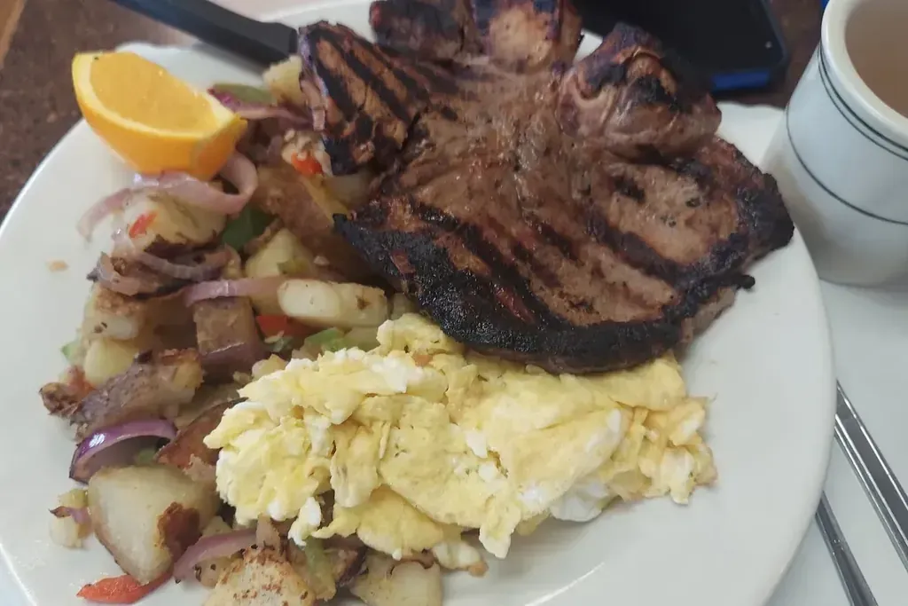 Steak and eggs with home fries at Harry's Cafe, Katella Ave, Stanton, CA