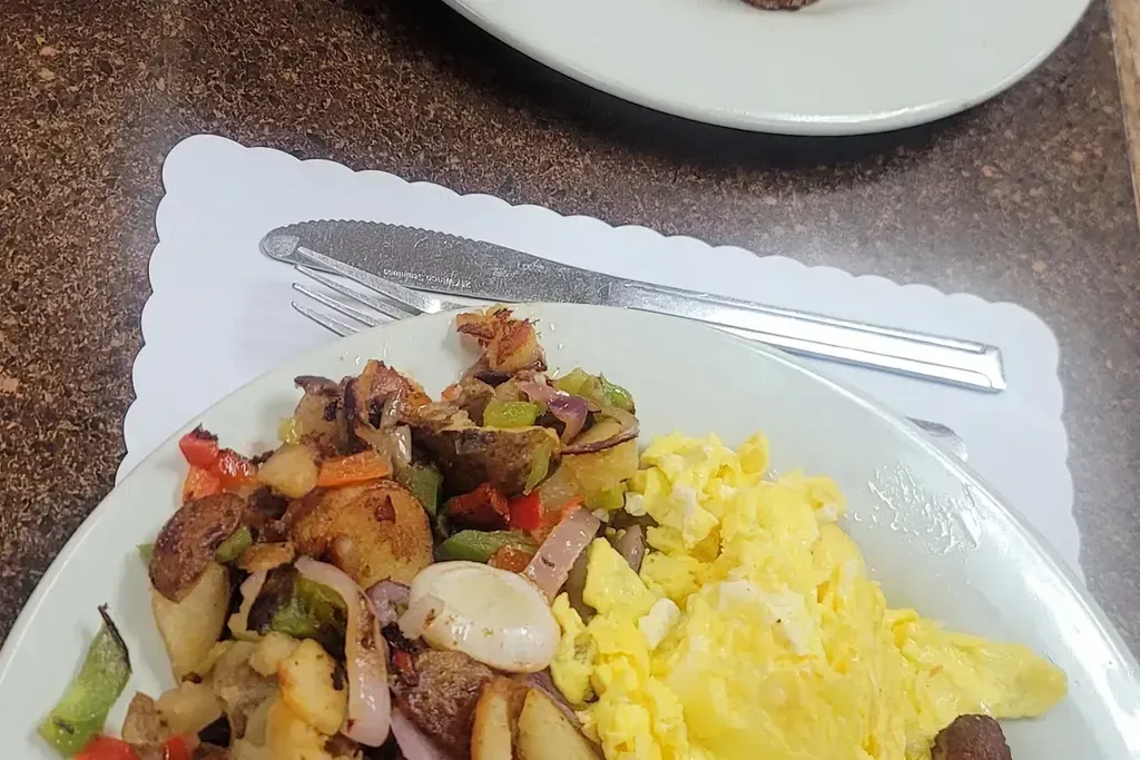 Sausage, eggs, and home fries at Harry's Cafe, Katella Ave, Stanton, CA