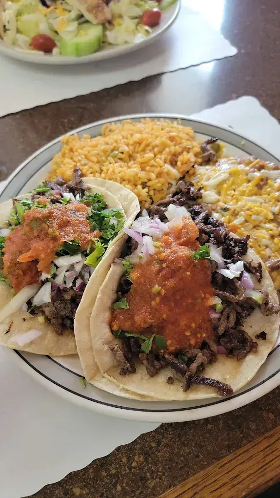 Carne asada tacos with rice and beans, Mexican Favorites menu at Harry's Cafe, Katella Ave, Stanton, CA