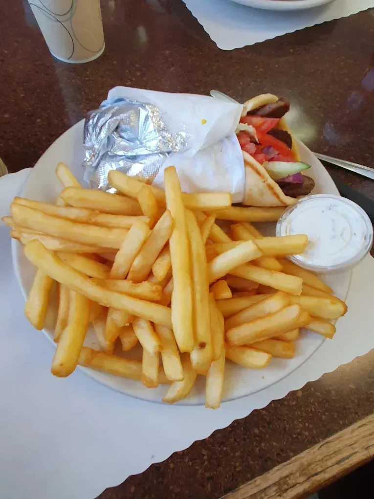 A gyro wrap with french fries and tzatziki at Harry's Cafe, Katella Ave, Stanton, CA