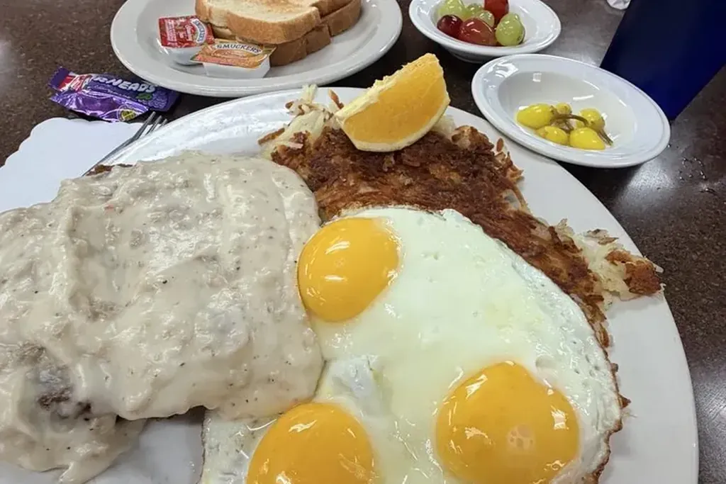 Chicken fried steak and eggs with hash browns at Harry's Cafe, Katella Ave, Stanton, CA