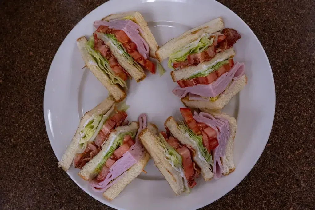 A club sandwich cut in quarters at Harry's Cafe, Katella Ave, Stanton, CA