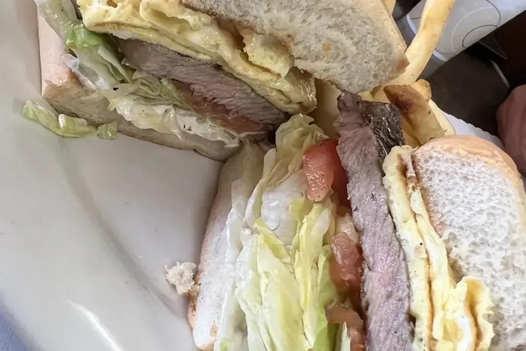 A steak and eggs breakfast sandwich at Harry’s Cafe, Katella Ave, Stanton, CA.