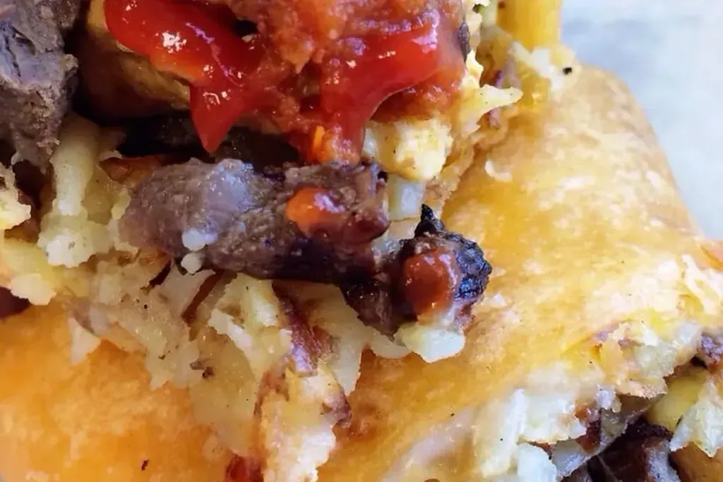 A steak and egg breakfast burrito cut open at Harry’s Cafe, Katella Ave, Stanton, CA.