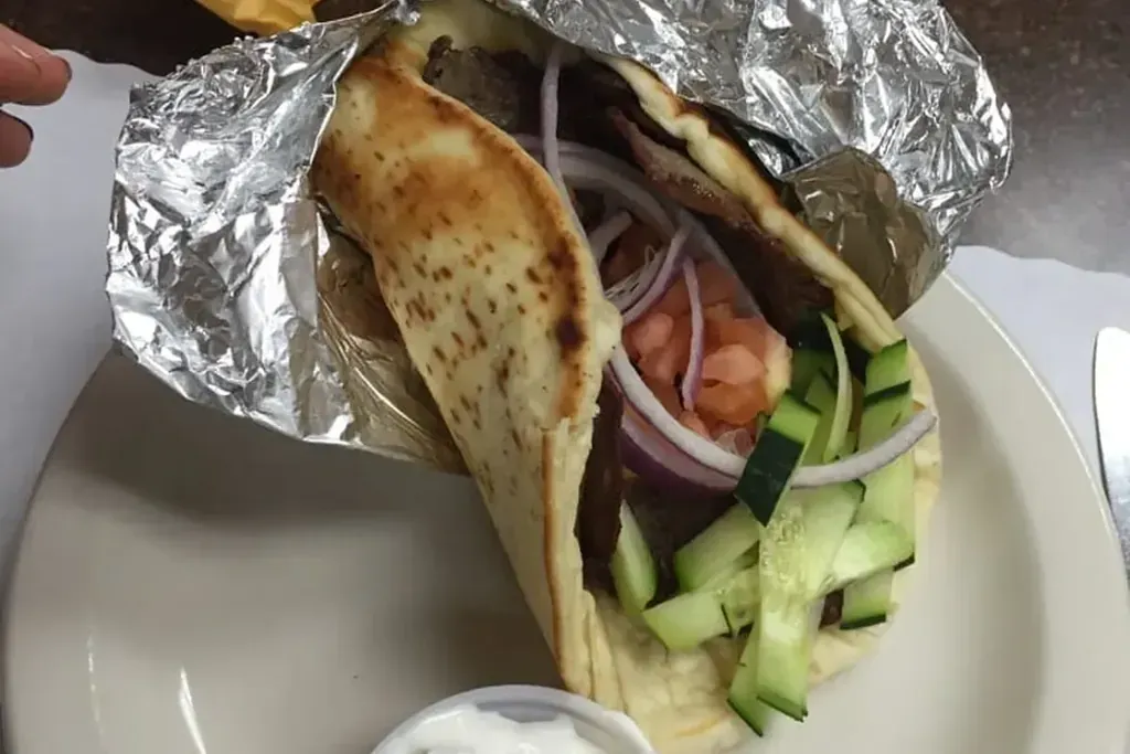 A gyro with tzatziki at Harry's Cafe, Katella Ave, Stanton, CA