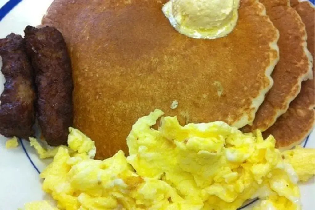 Pancakes with sausage and scrambled eggs at Harry's Cafe, Katella Ave, Stanton, CA